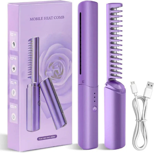 RECHARGEABLE Mini Hair Straightener Hot Comb - Charge Once and Use Anytime